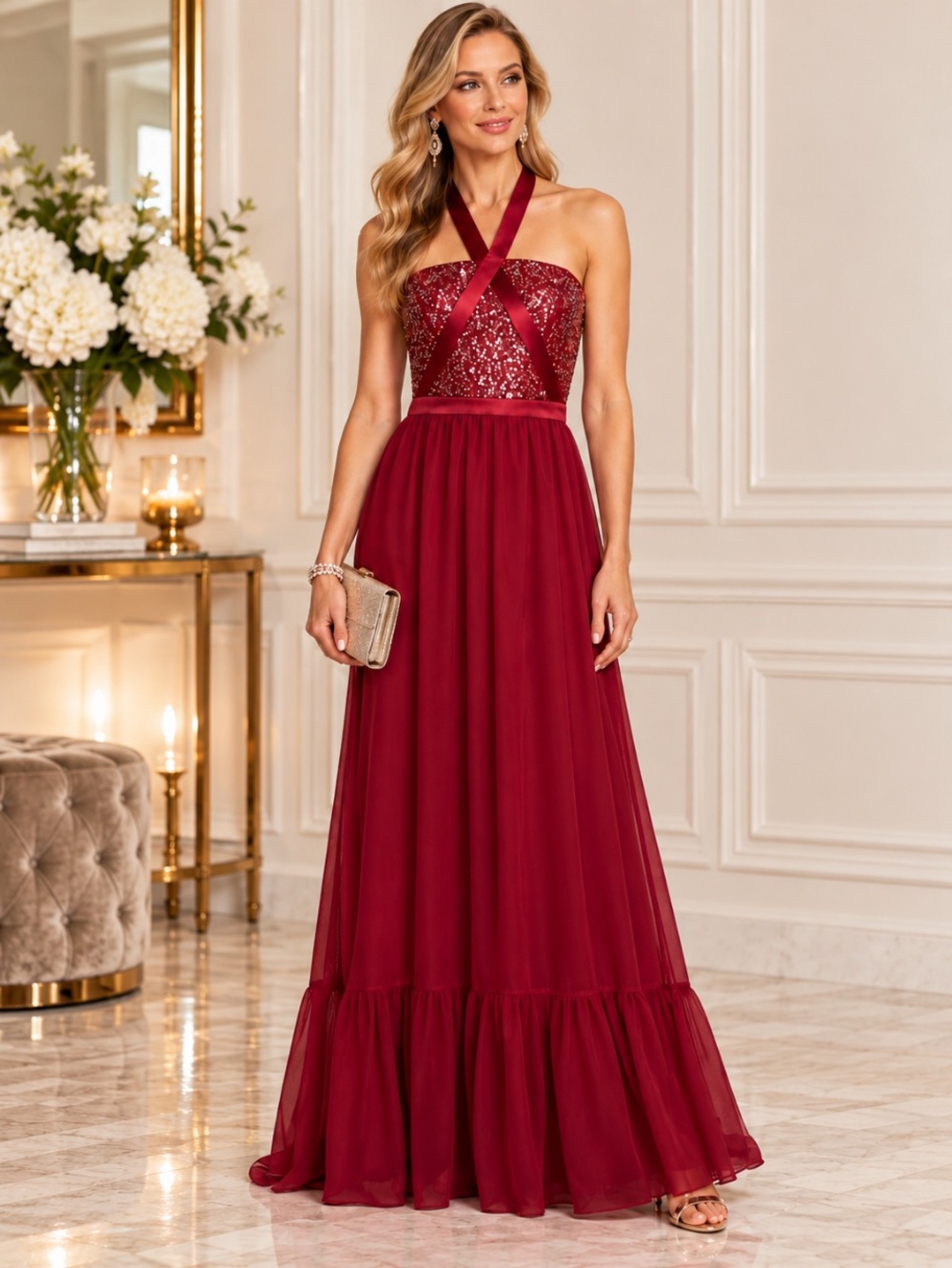 Altar'd State Corabeth F78 NWT Large L Ruby Red Sequin Halter Gown